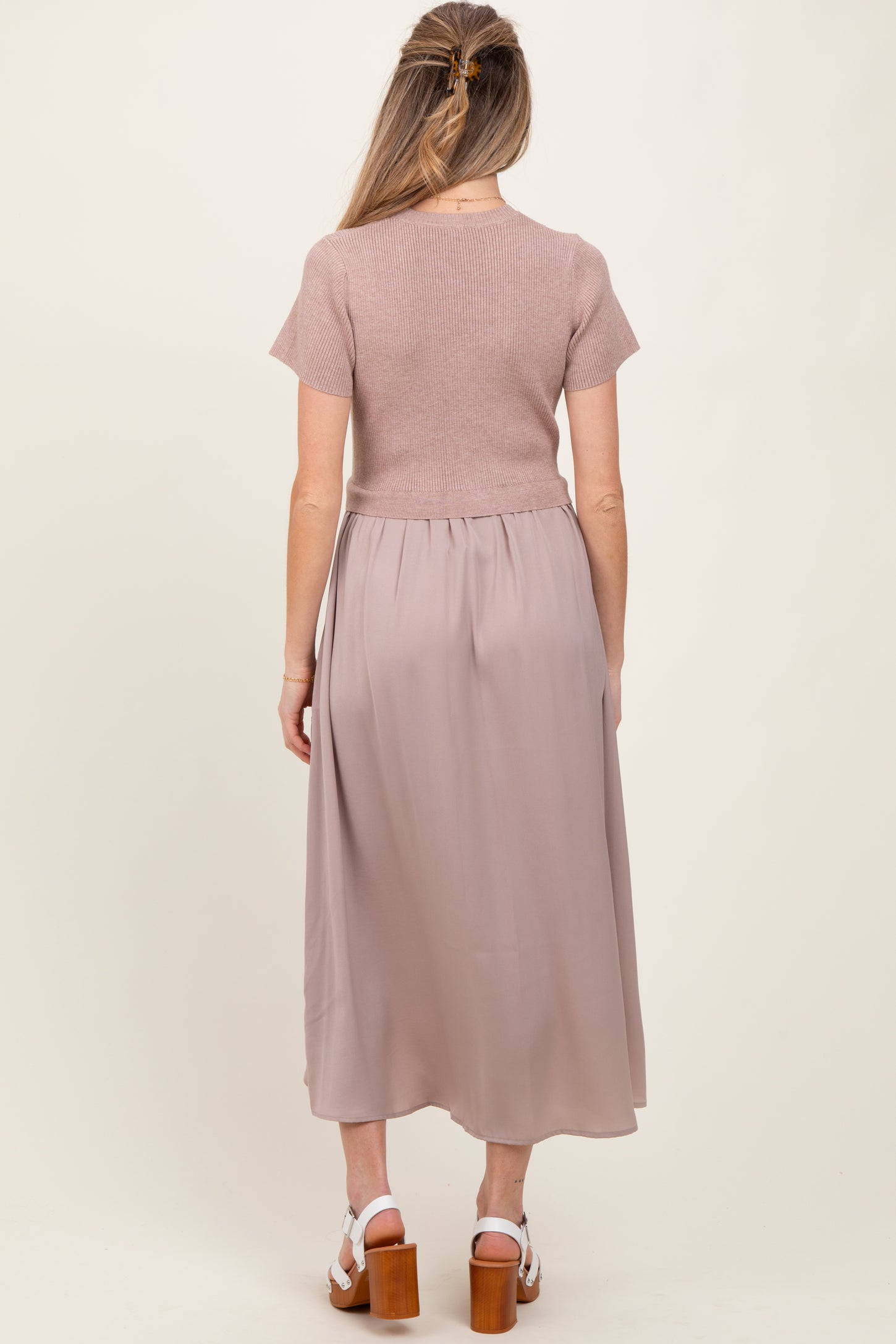 Taupe Knit Contrast Top Satin Short Sleeve Maternity Midi Dress