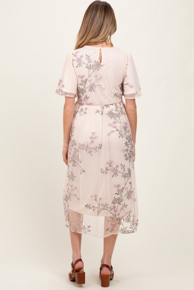 Ivory Floral Embroidered Mesh Maternity Midi Dress