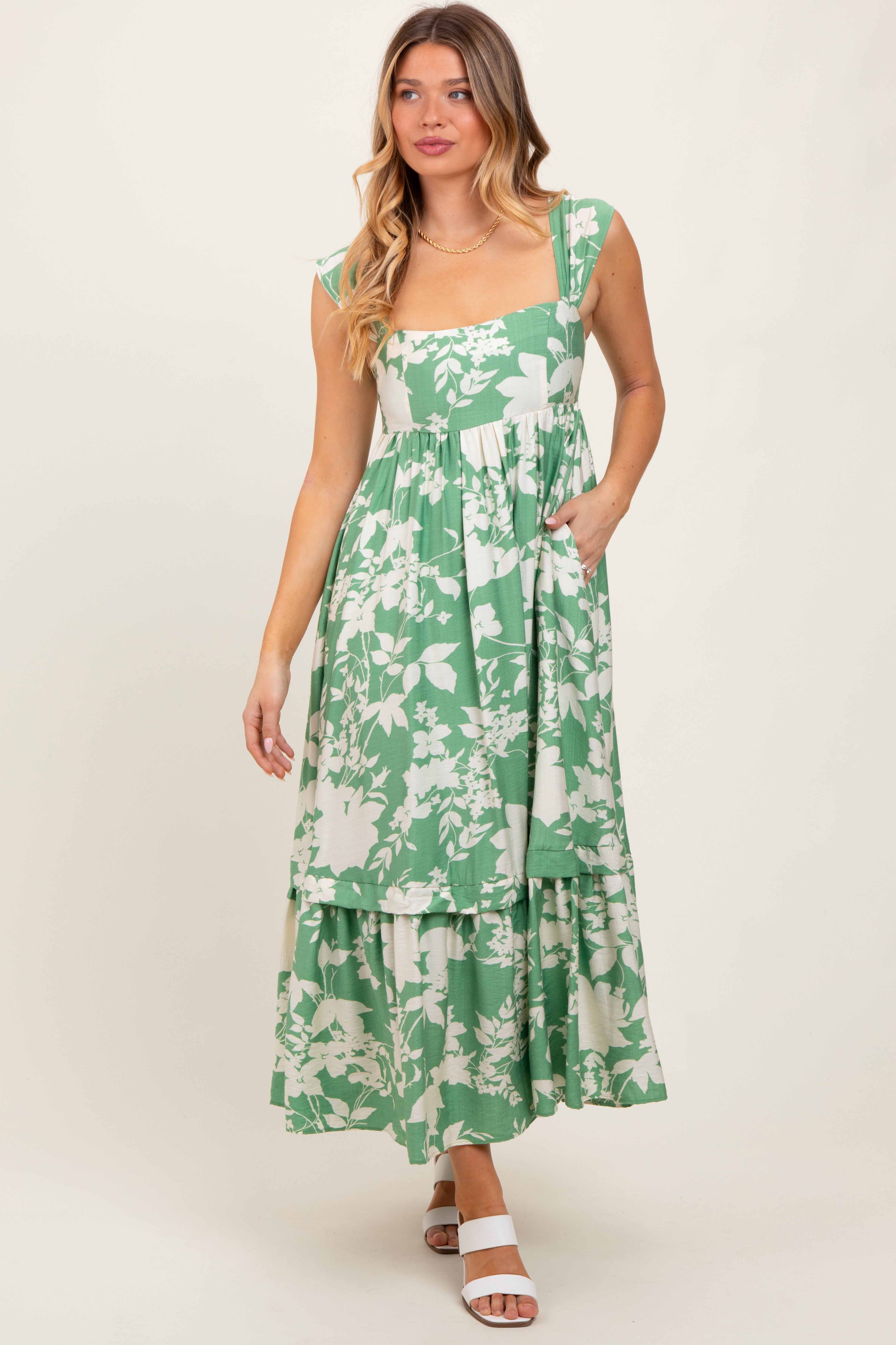 midi dress mint green Mint Green Floral Square Neck Midi Dress