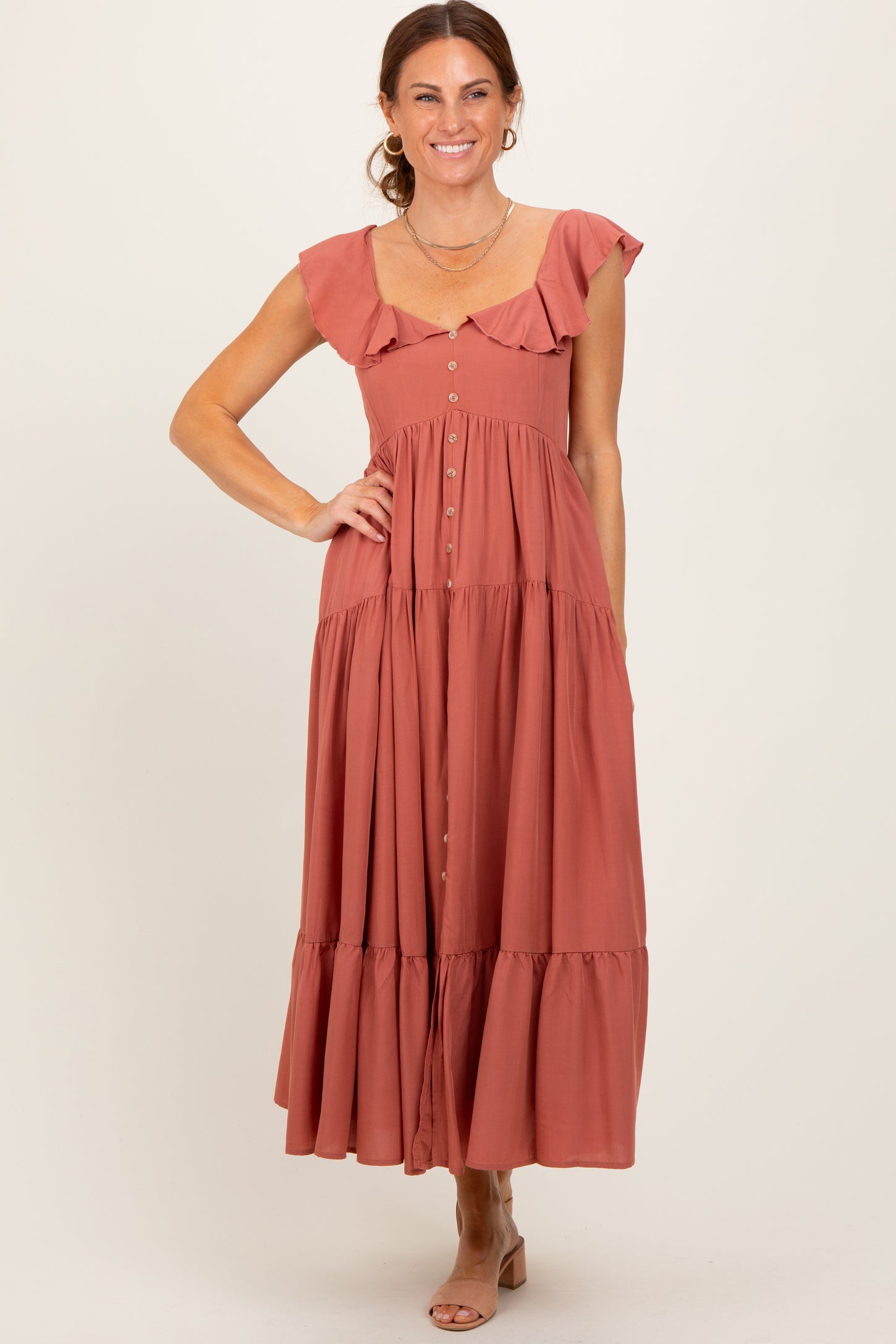 midi dress buttoned fron neck Short-Sleeve V-Neck Button-Front Featuring a soft ribbed knit fabric Rust Button Front Ruffle Square