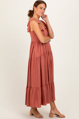 Rust Button Front Ruffle Square Neck Midi Dress