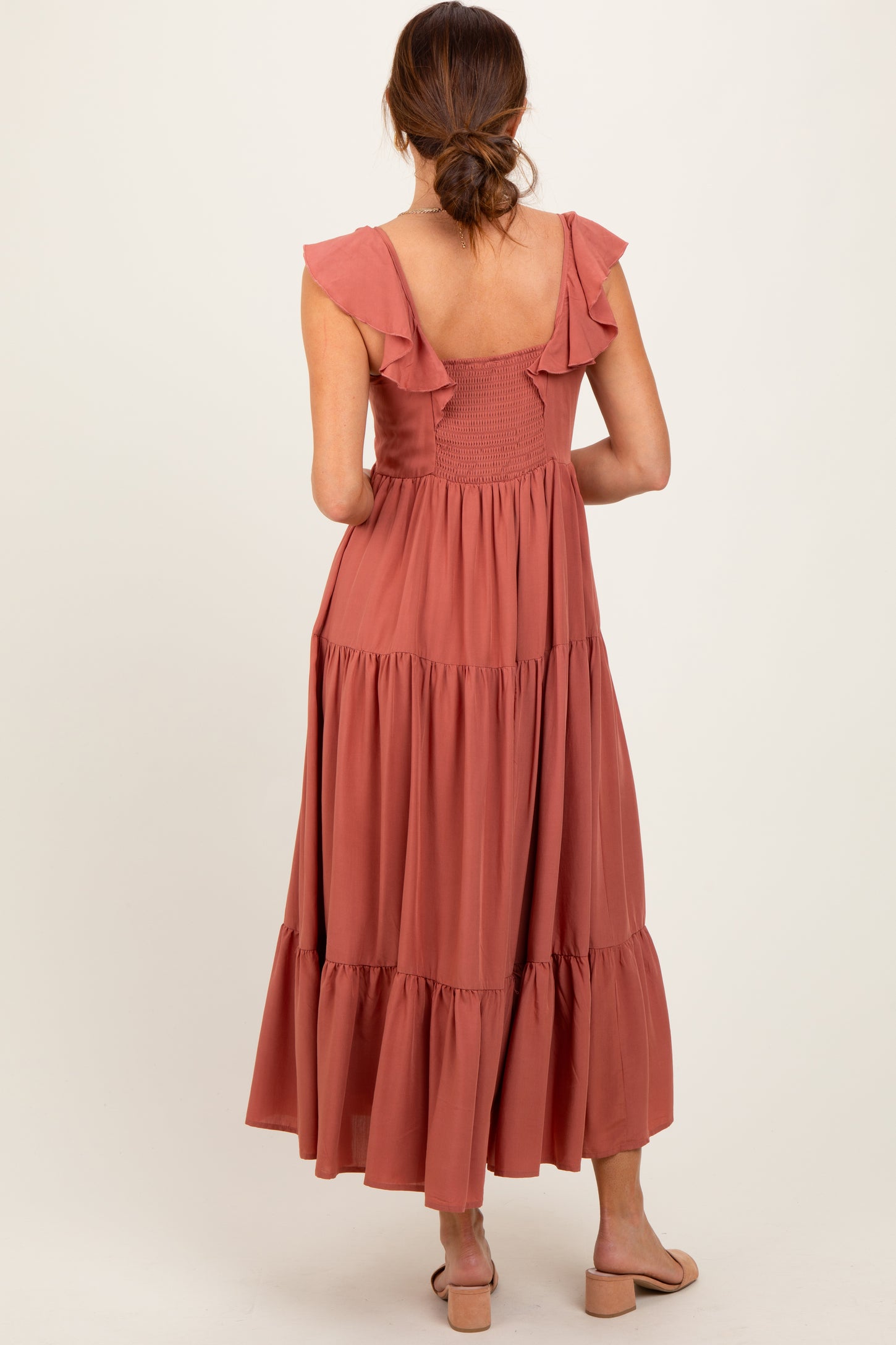 Rust Button Front Ruffle Square Neck Midi Dress