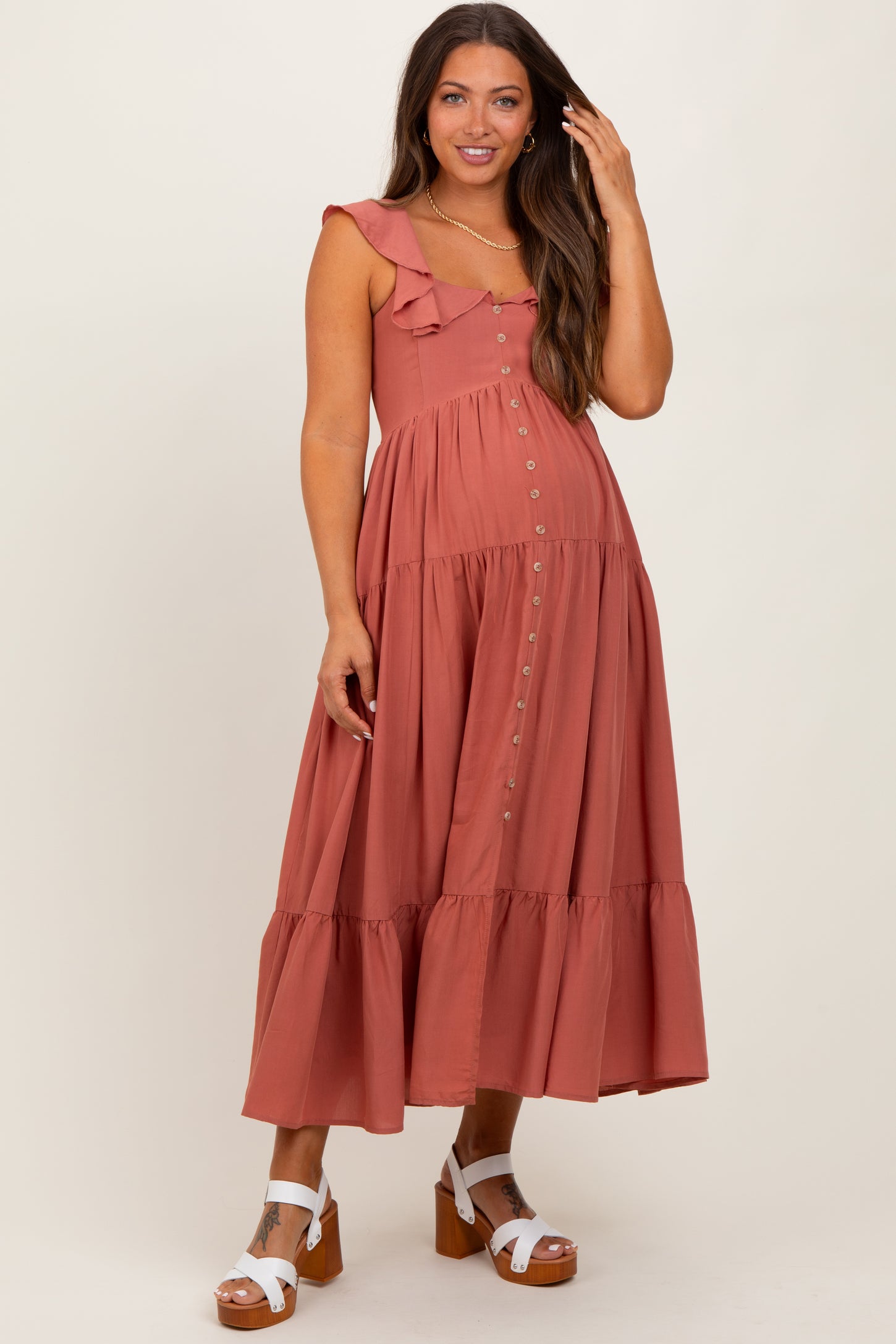 Rust Button Front Ruffle Square Neck Maternity Midi Dress
