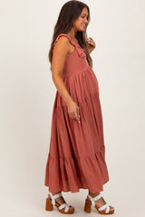 Rust Button Front Ruffle Square Neck Maternity Midi Dress