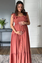 Rust Button Front Ruffle Square Neck Maternity Midi Dress