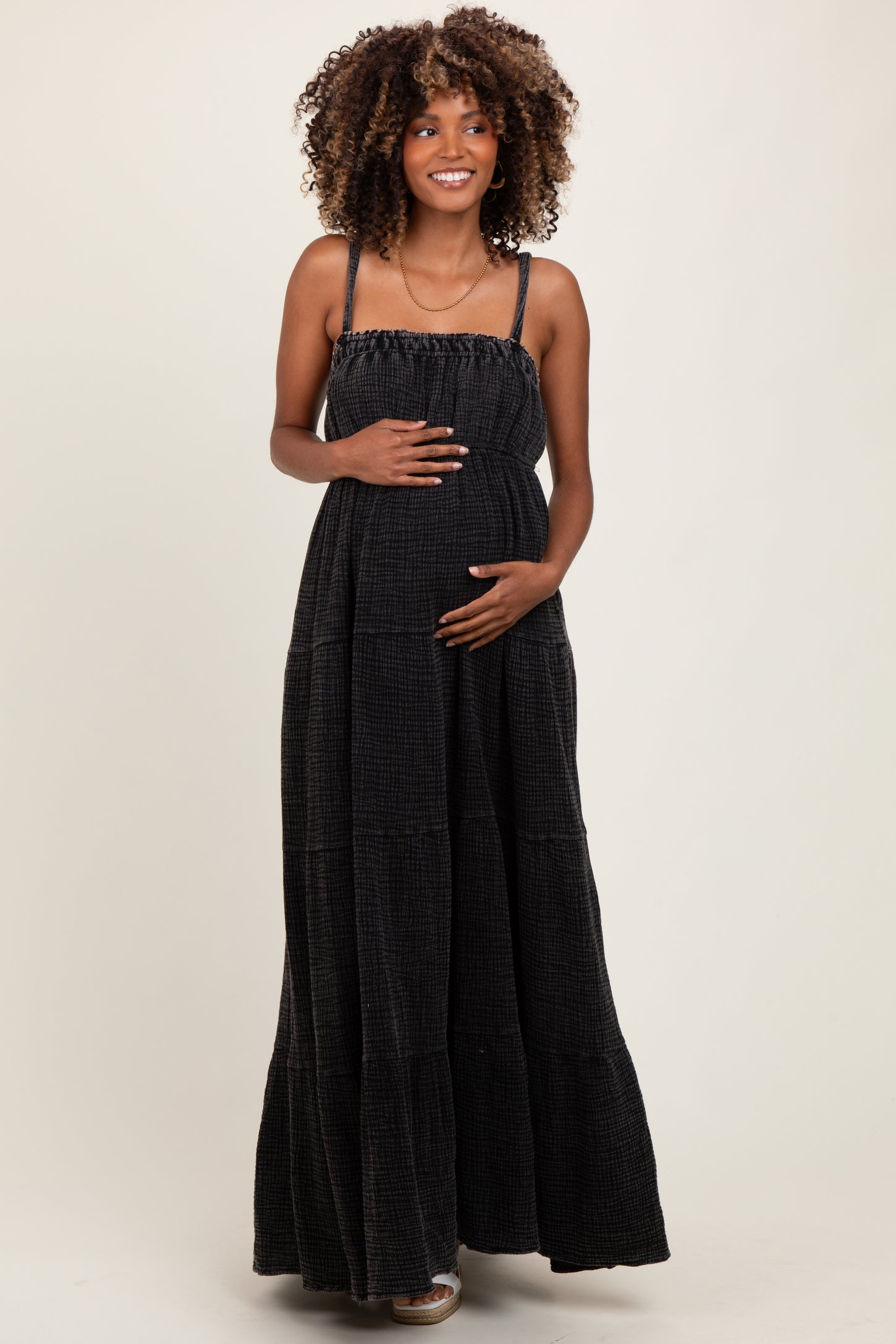 Black Tiered Sleeveless Maternity Maxi Dress