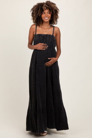 Black Tiered Sleeveless Maternity Maxi Dress