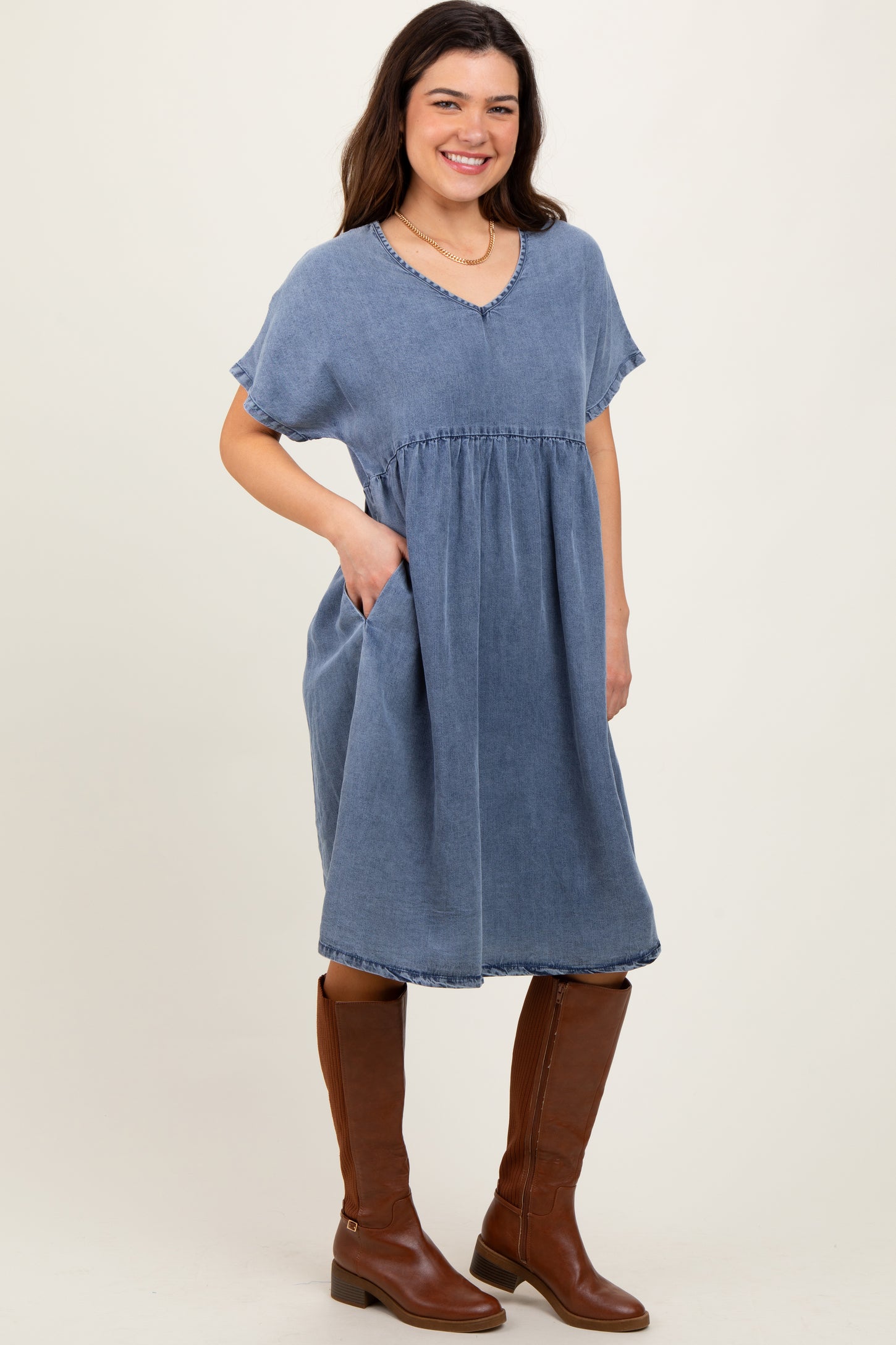Blue Denim V-Neck Short Sleeve Dress