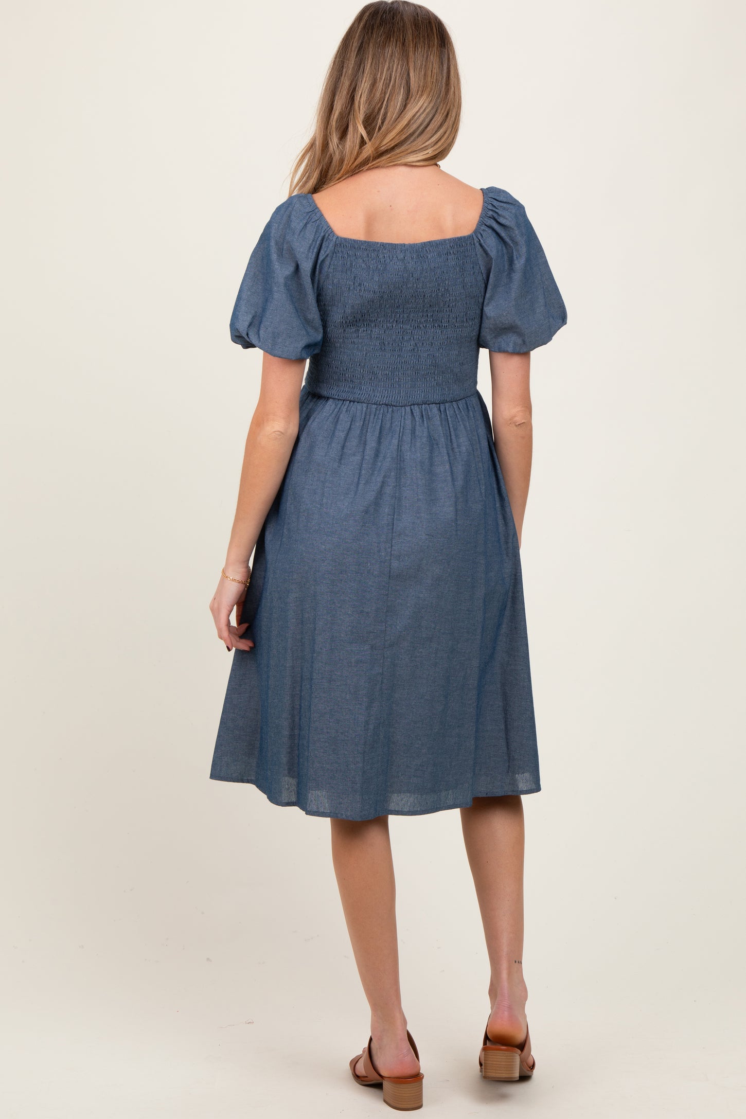 Blue Chambray Floral Embroidered Short Sleeve Maternity Midi Dress