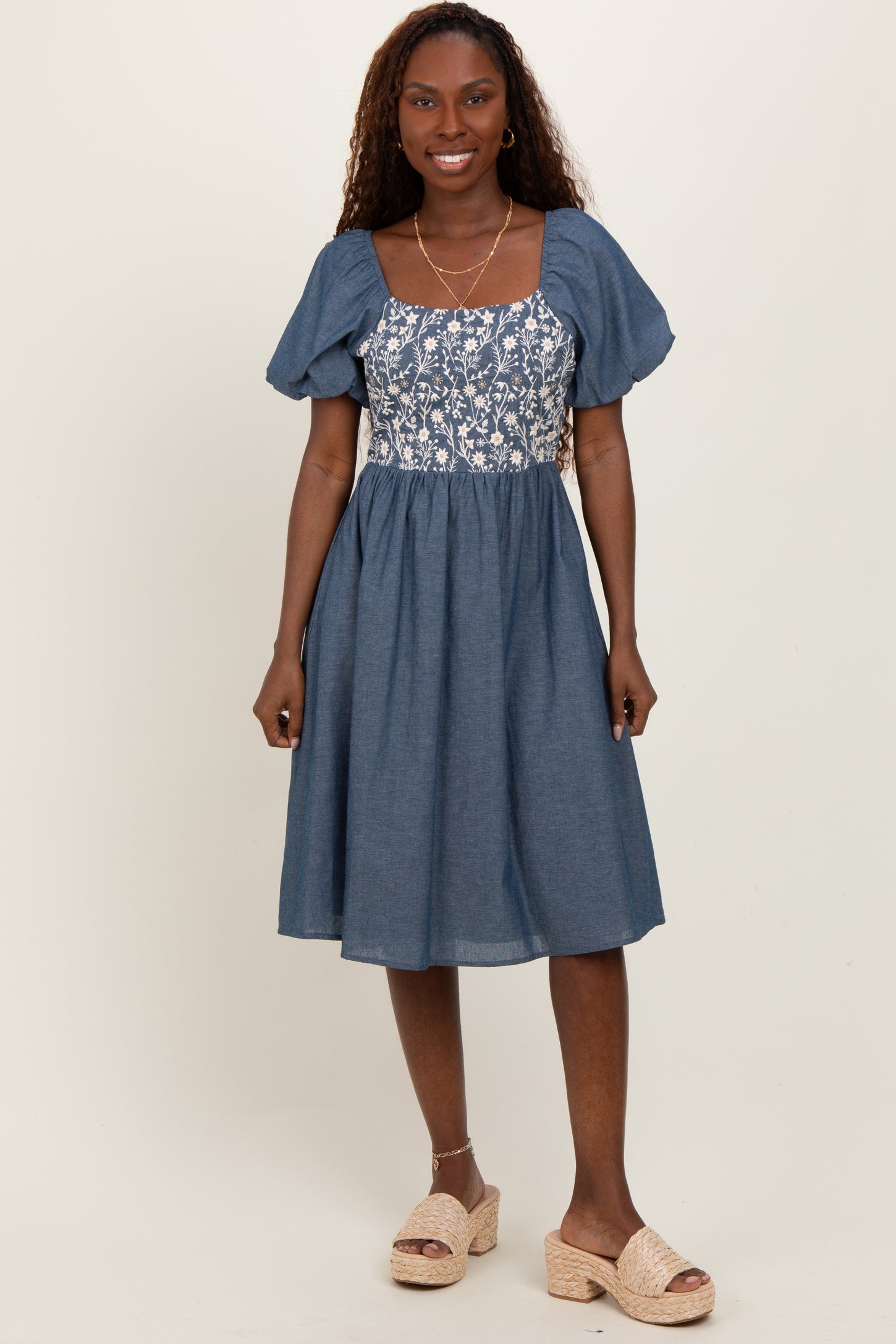 Blue Chambray Floral Embroidered Short Sleeve Maternity Midi Dress PinkBlush Blue Chambray Floral Embroidered Short Sleeve Maternity Midi Dress PinkBlush