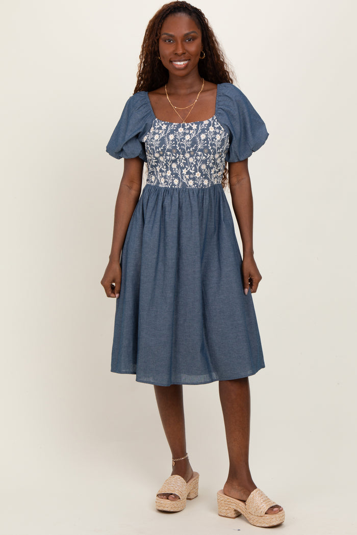 Blue Chambray Floral Embroidered Short Sleeve Midi Dress