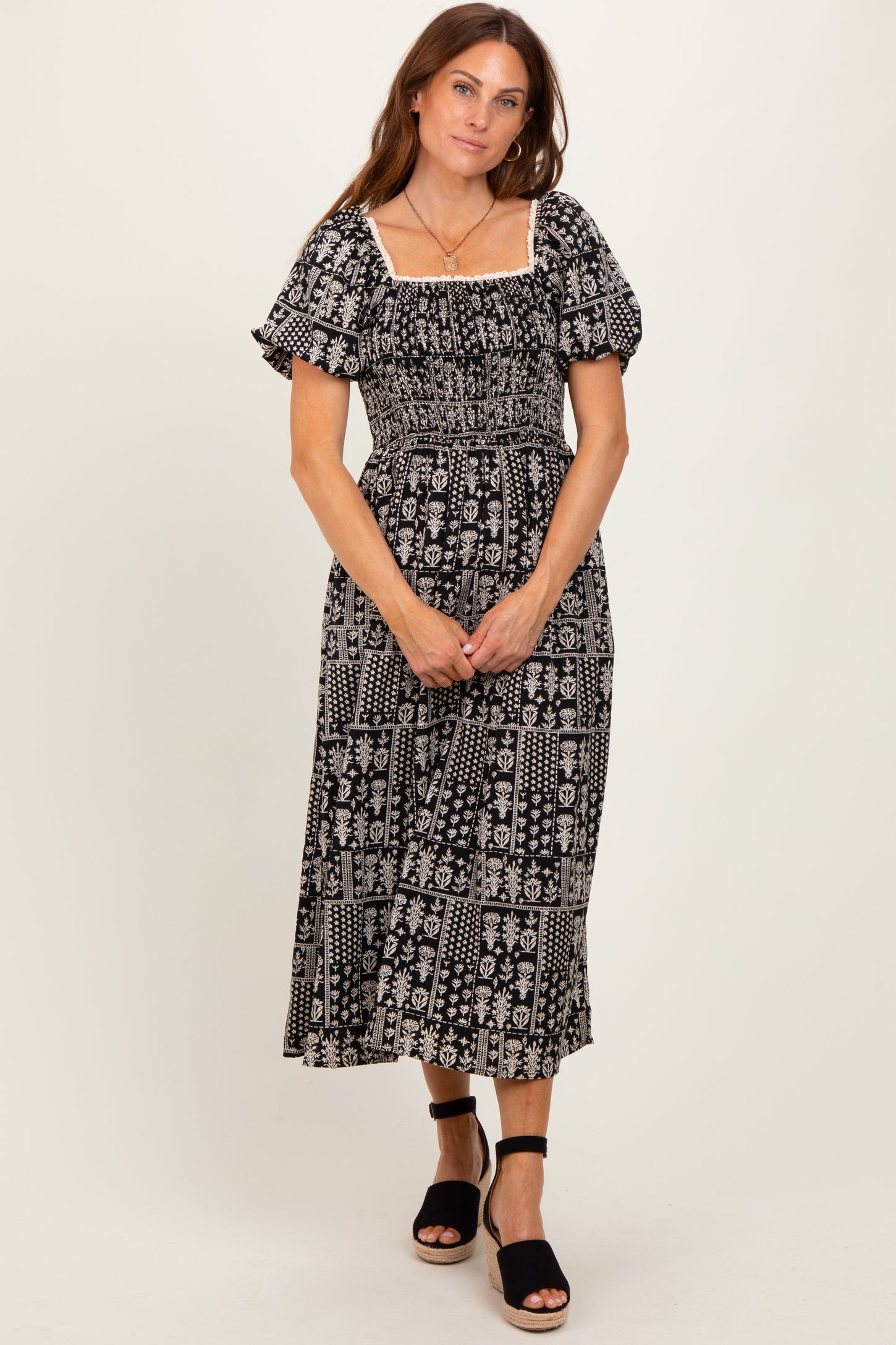 Black Patch Printed Smocked Maternity Midi Dress