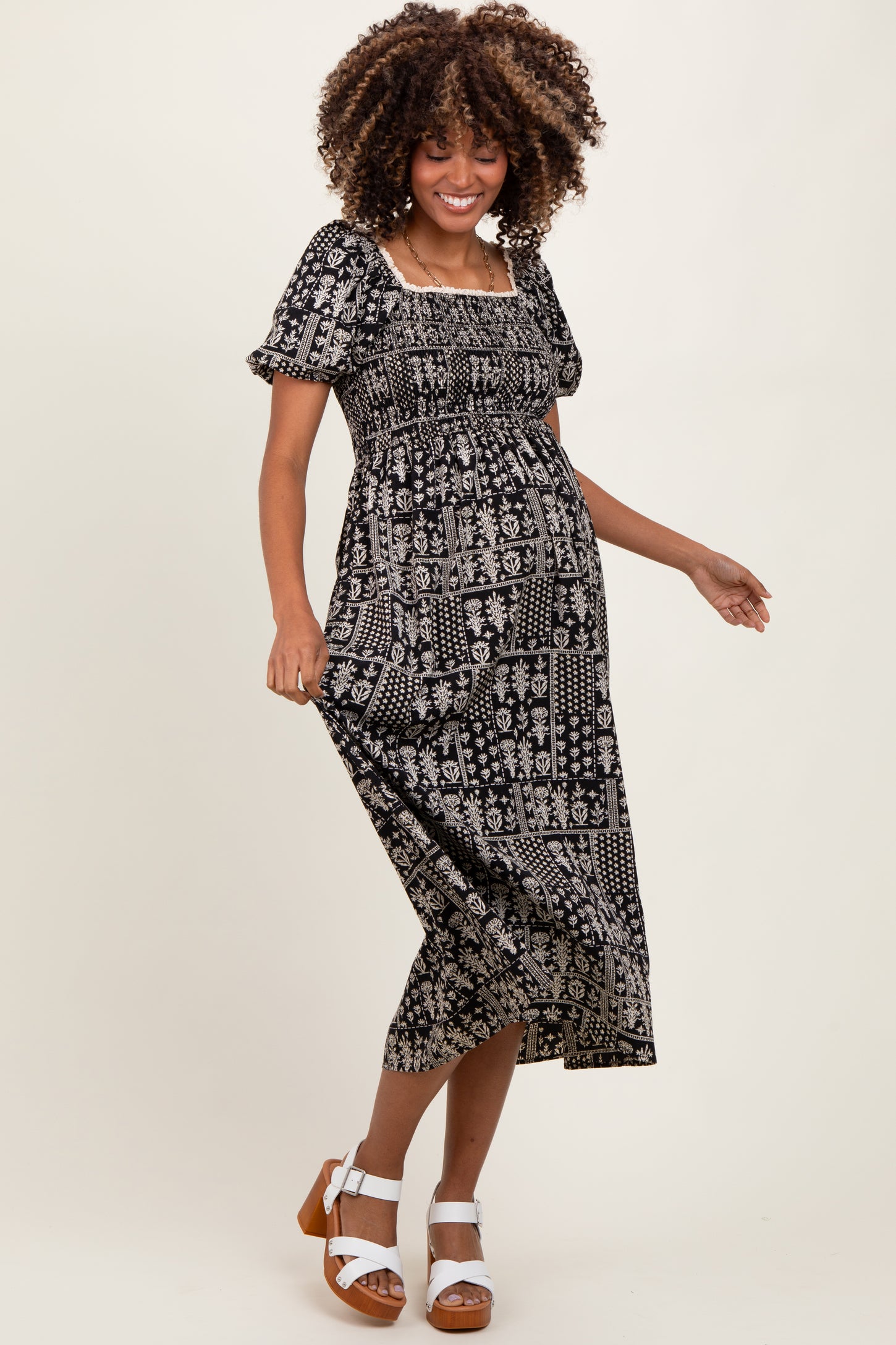 Black Patch Printed Smocked Maternity Midi Dress