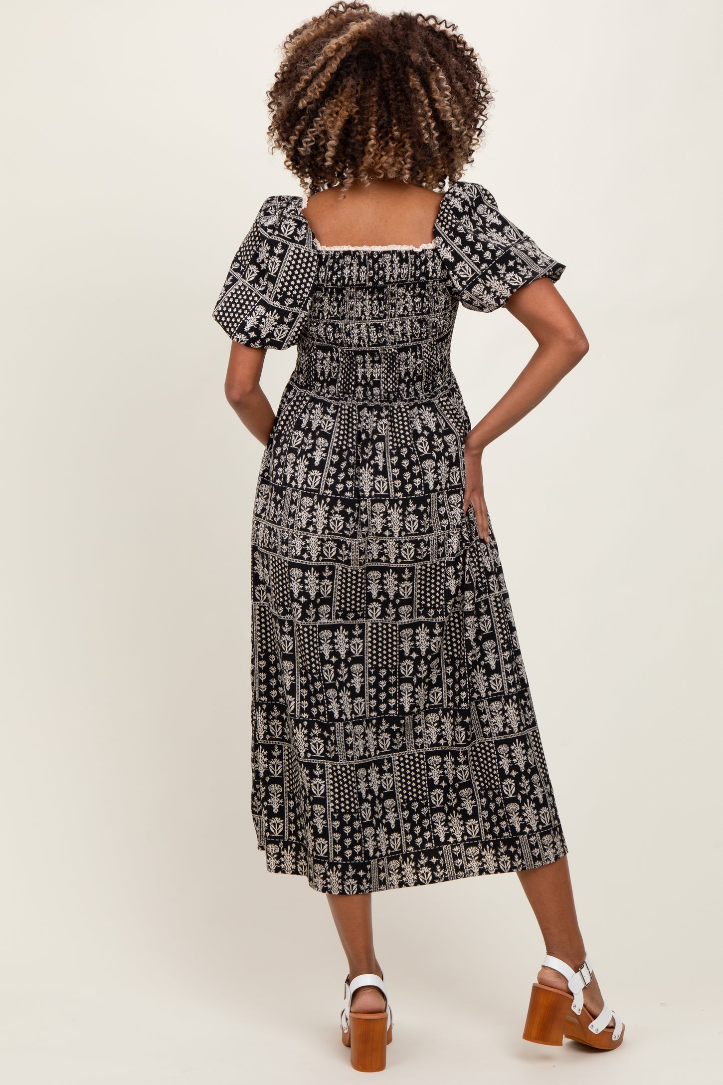 Black Patch Printed Smocked Maternity Midi Dress