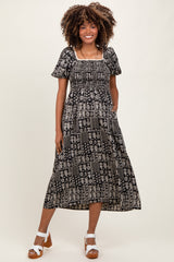 Black Patch Printed Smocked Maternity Midi Dress