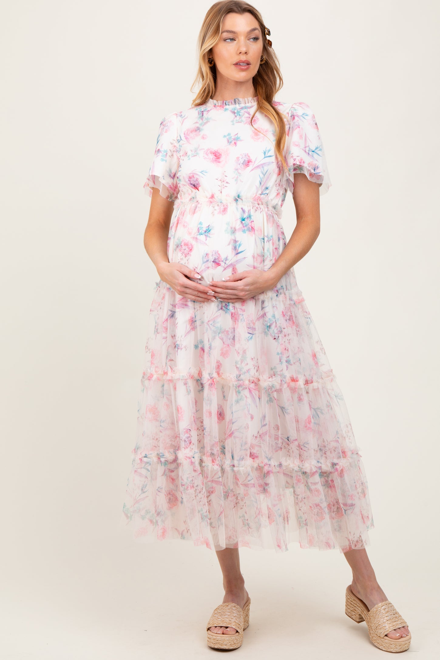 Ivory Floral Mesh Ruffle Tiered Maternity Midi Dress PinkBlush Ivory Floral Mesh Ruffle Tiered Maternity Midi Dress PinkBlush