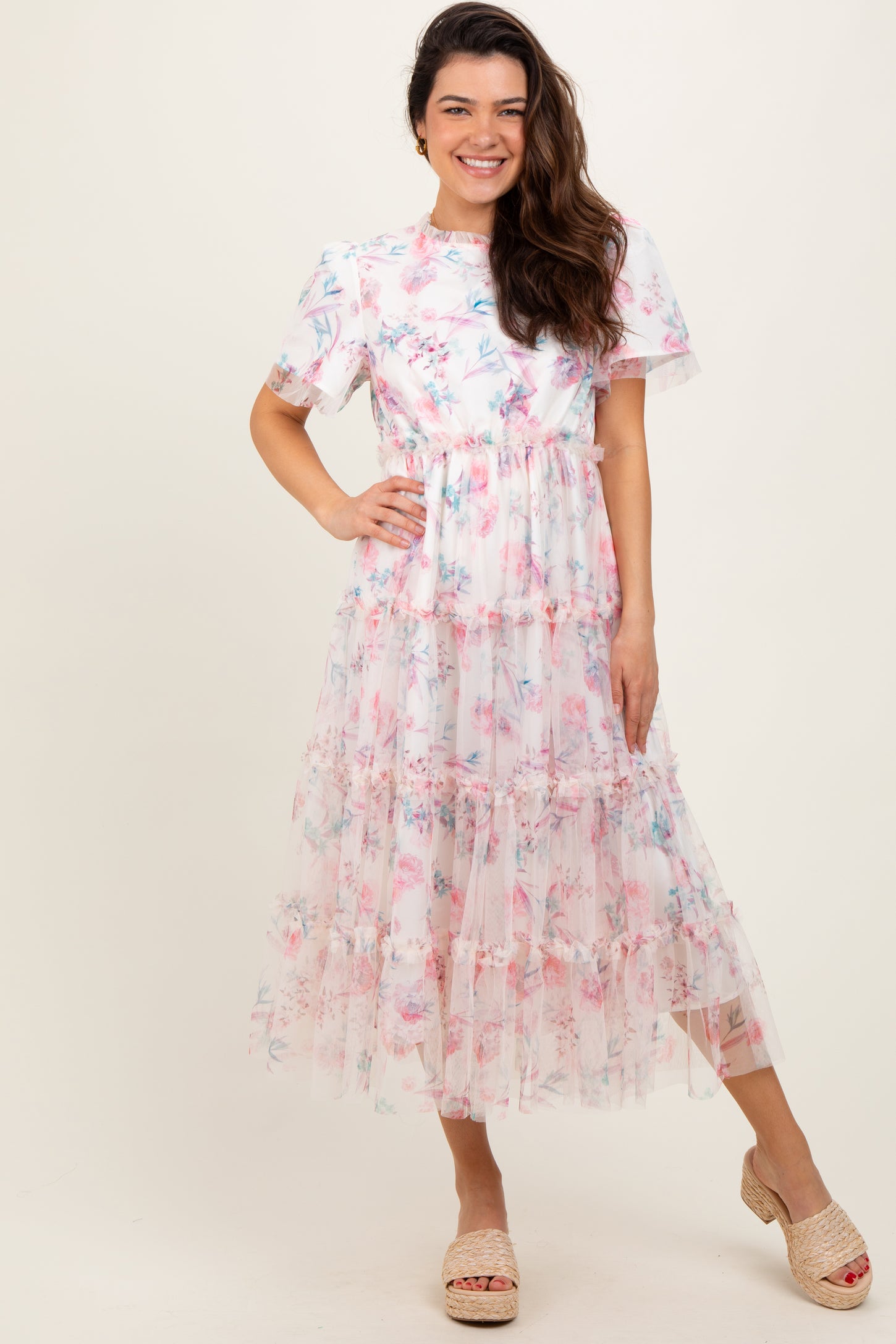 Ivory Floral Mesh Ruffle Tiered Midi Dress