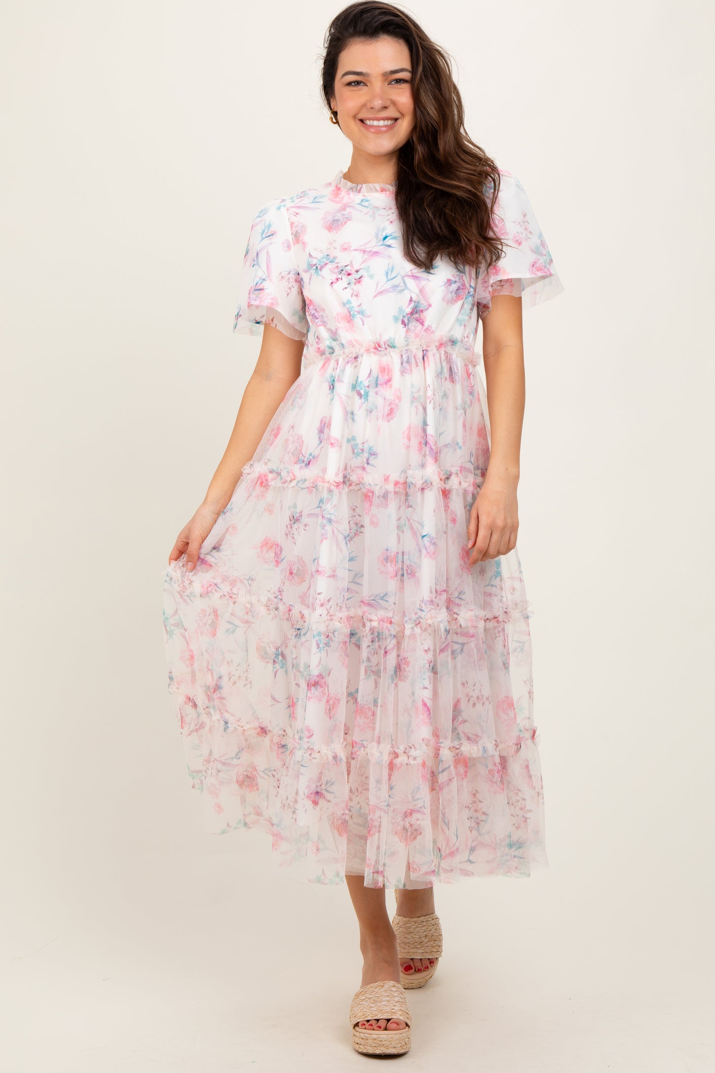 Ivory Floral Mesh Ruffle Tiered Maternity Midi Dress – PinkBlush