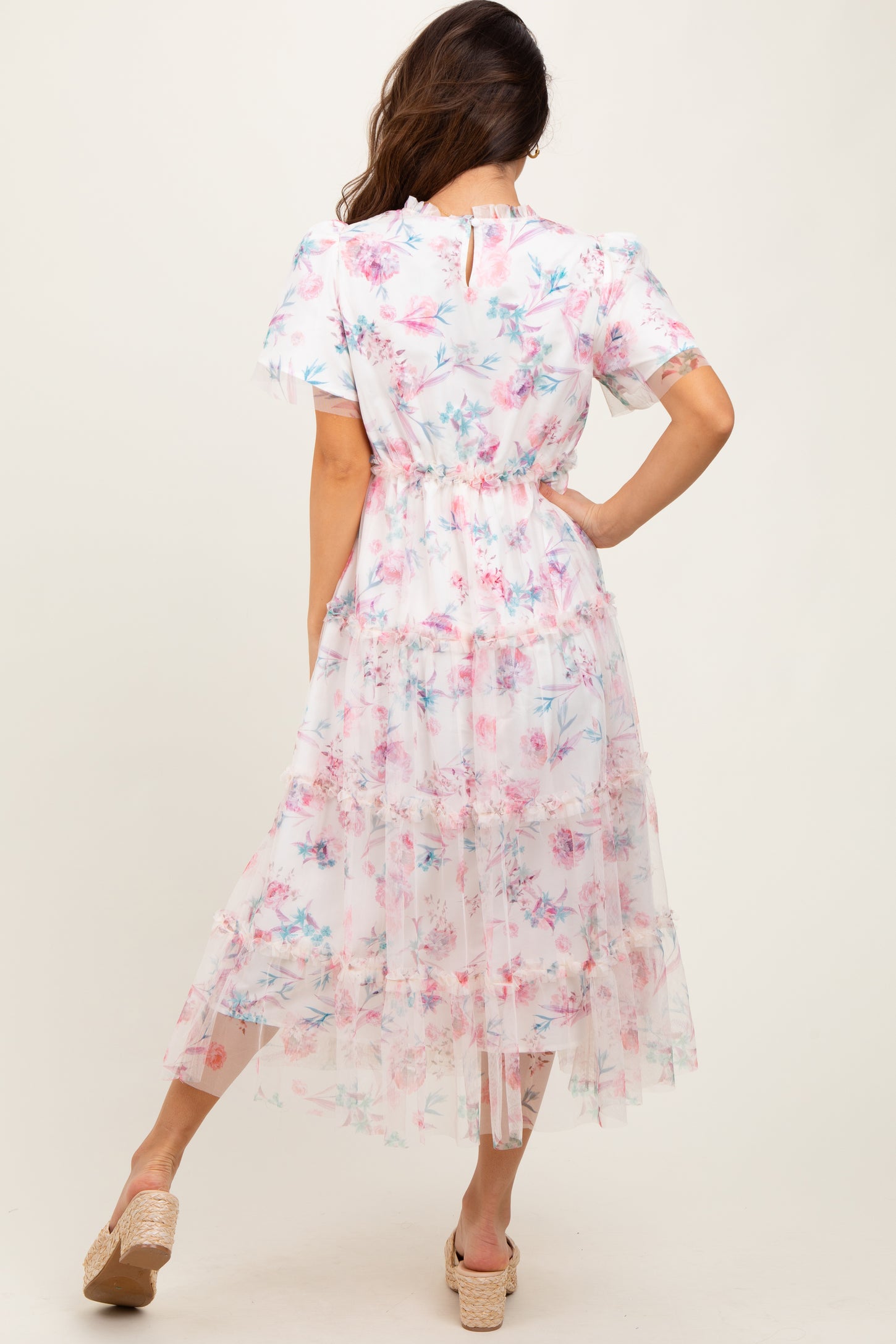 Ivory Floral Mesh Ruffle Tiered Midi Dress Ivory Floral Mesh Ruffle Tiered Midi Dress