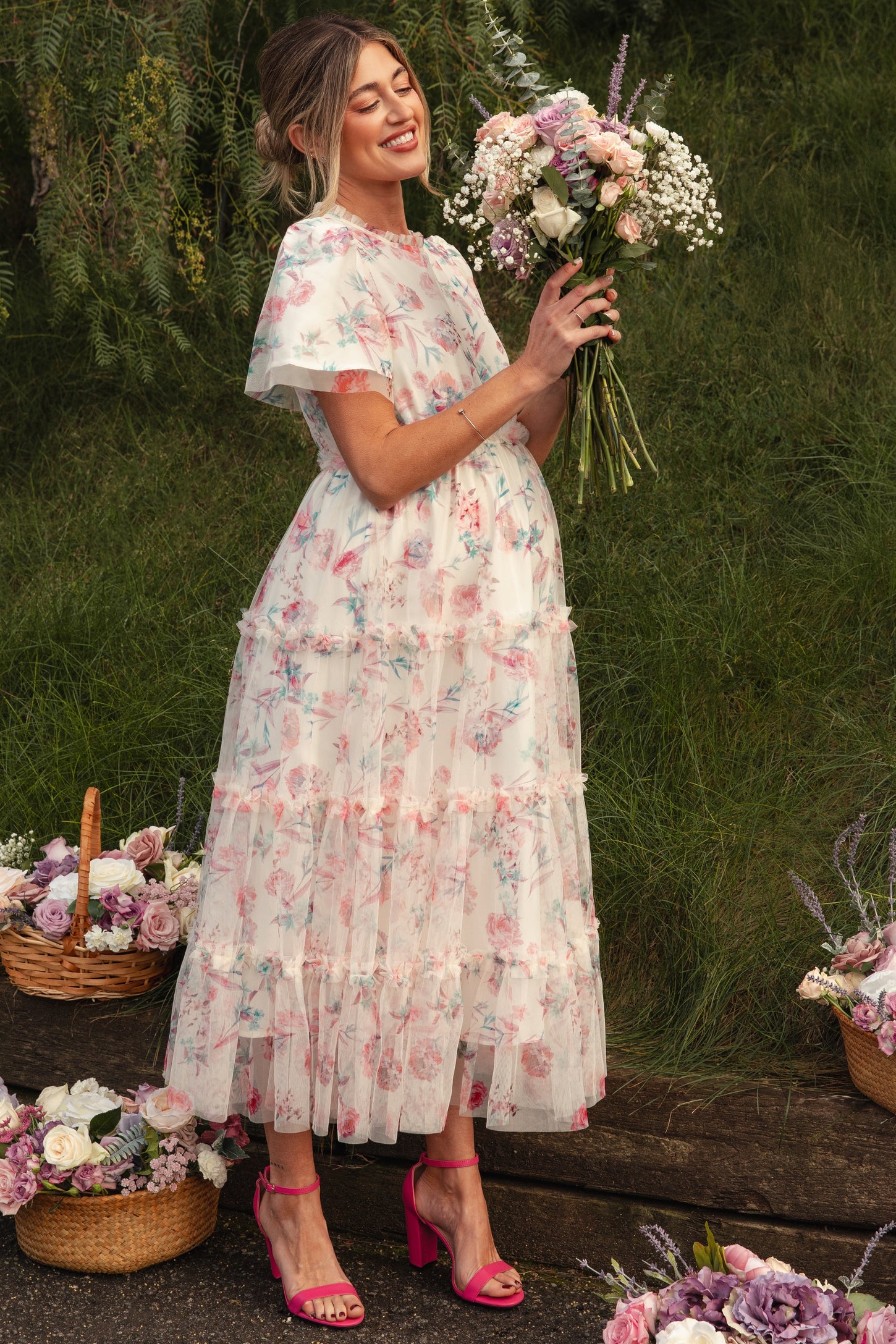 floral mesh dress Ivory Floral Mesh Ruffle Tiered Maternity Midi Dress