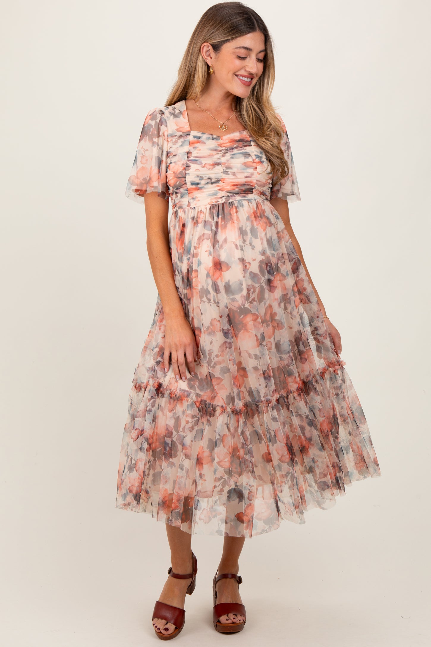 Peach Floral Mesh Sweetheart Neck Maternity Midi Dress