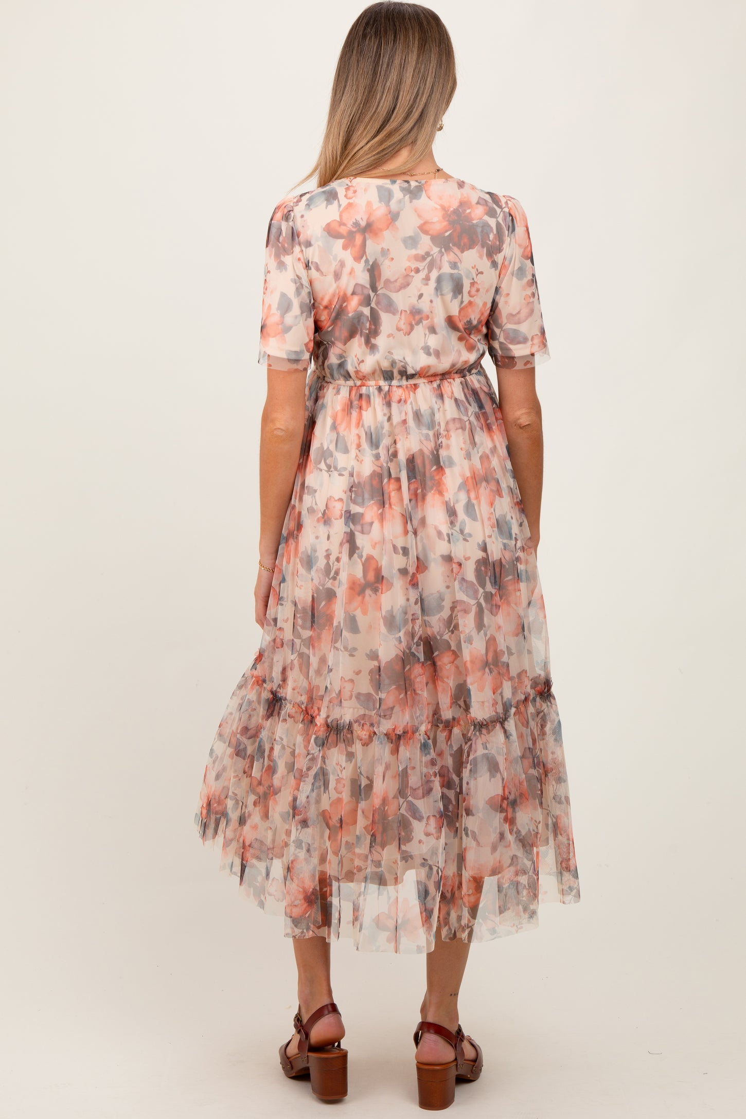 Peach Floral Mesh Sweetheart Neck Maternity Midi Dress