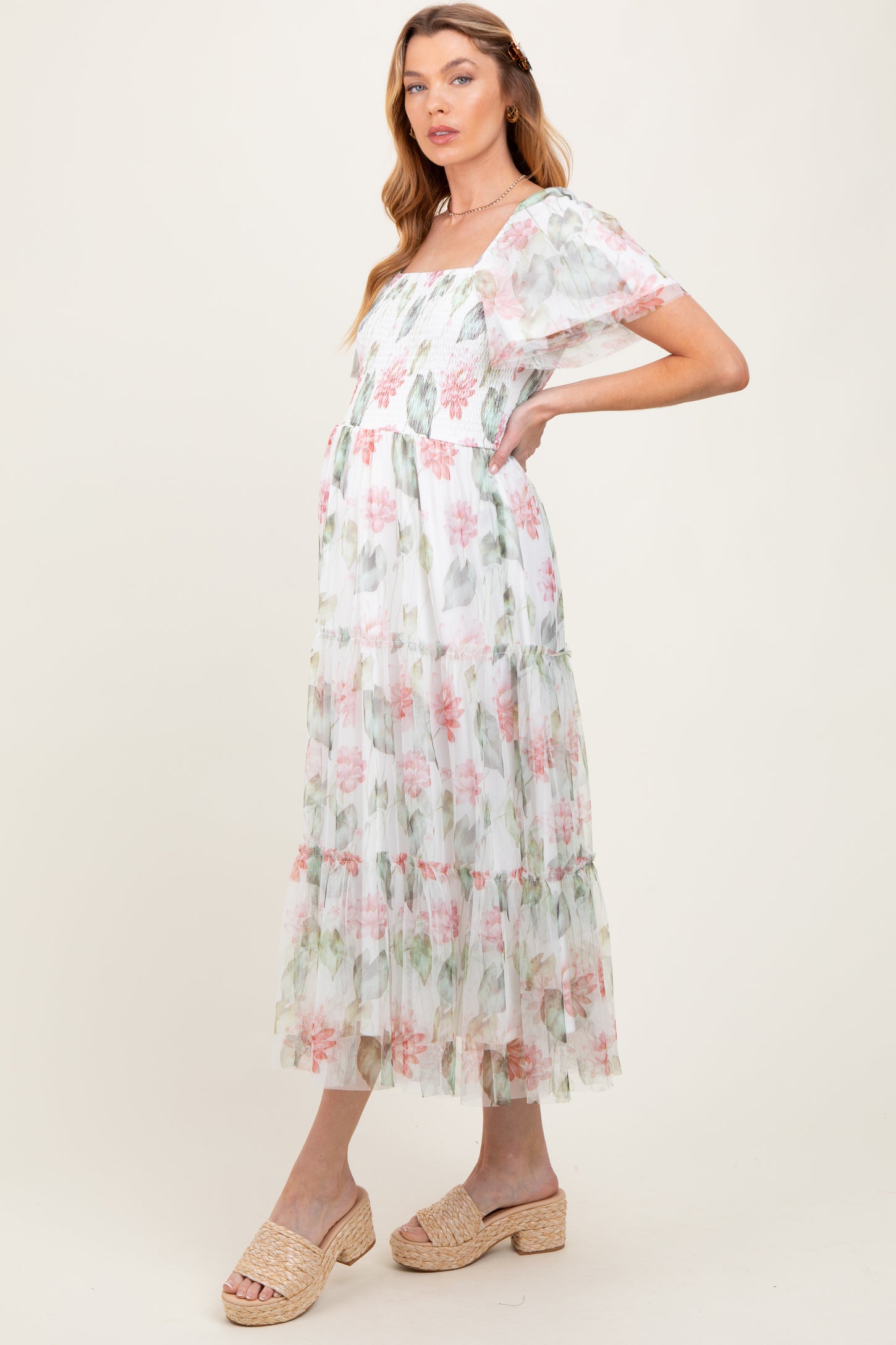 Ivory Floral Mesh Smocked Maternity Midi Dress