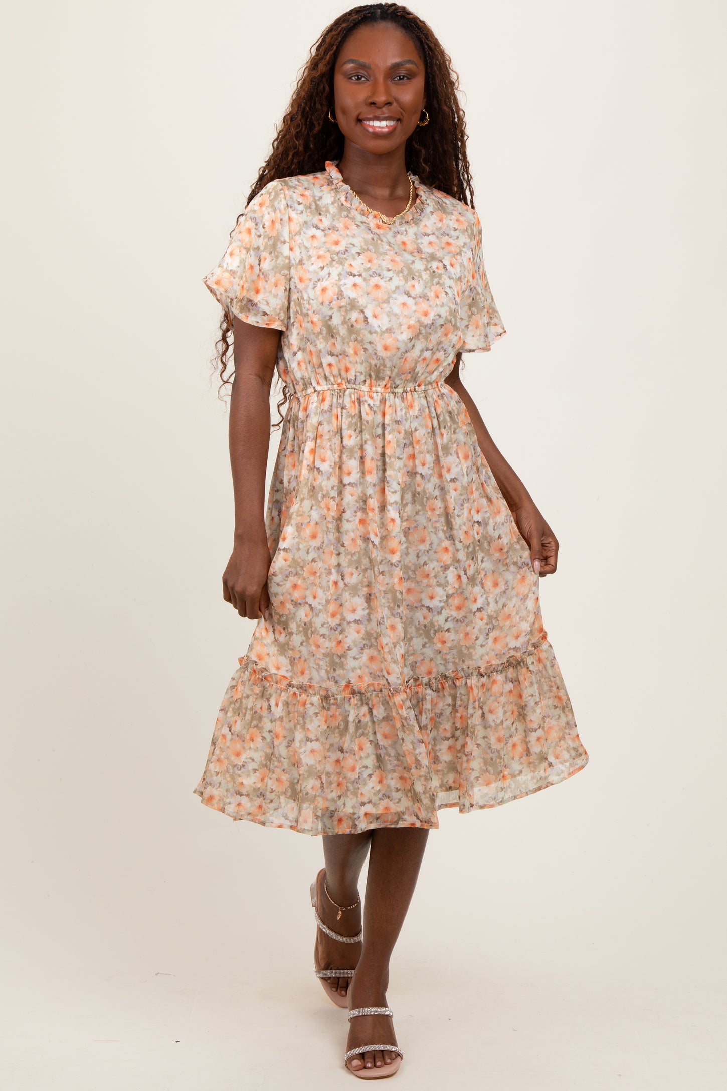 Light Olive Floral Ruffle Mock Neck Maternity Midi Dress