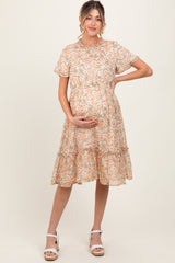 Light Olive Floral Ruffle Mock Neck Maternity Midi Dress
