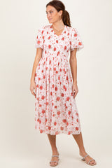 Light Pink Floral Smocked V-Neck Midi Dress