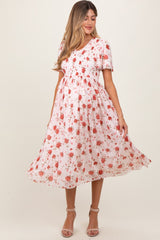 Light Pink Floral Smocked V-Neck Maternity Midi Dress