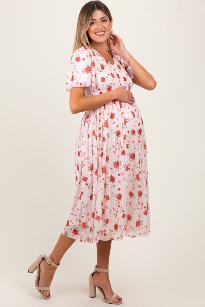 Light Pink Floral Smocked V-Neck Maternity Midi Dress