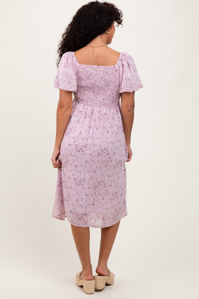 Lavender Floral Smocked Short Sleeve Midi Dress