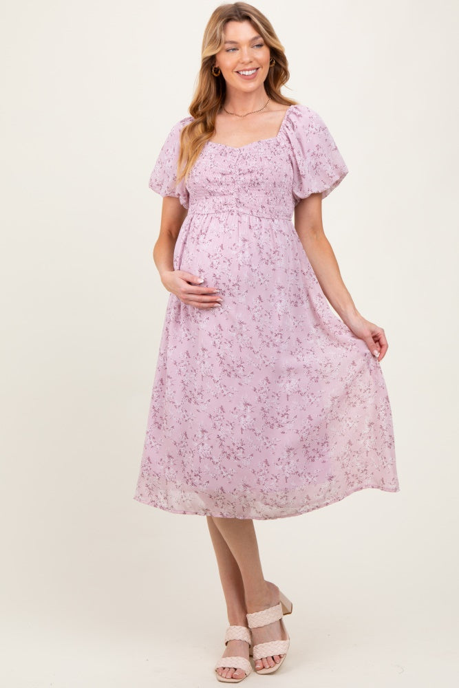 Lavender Floral Smocked Short Sleeve Maternity Midi Dress
