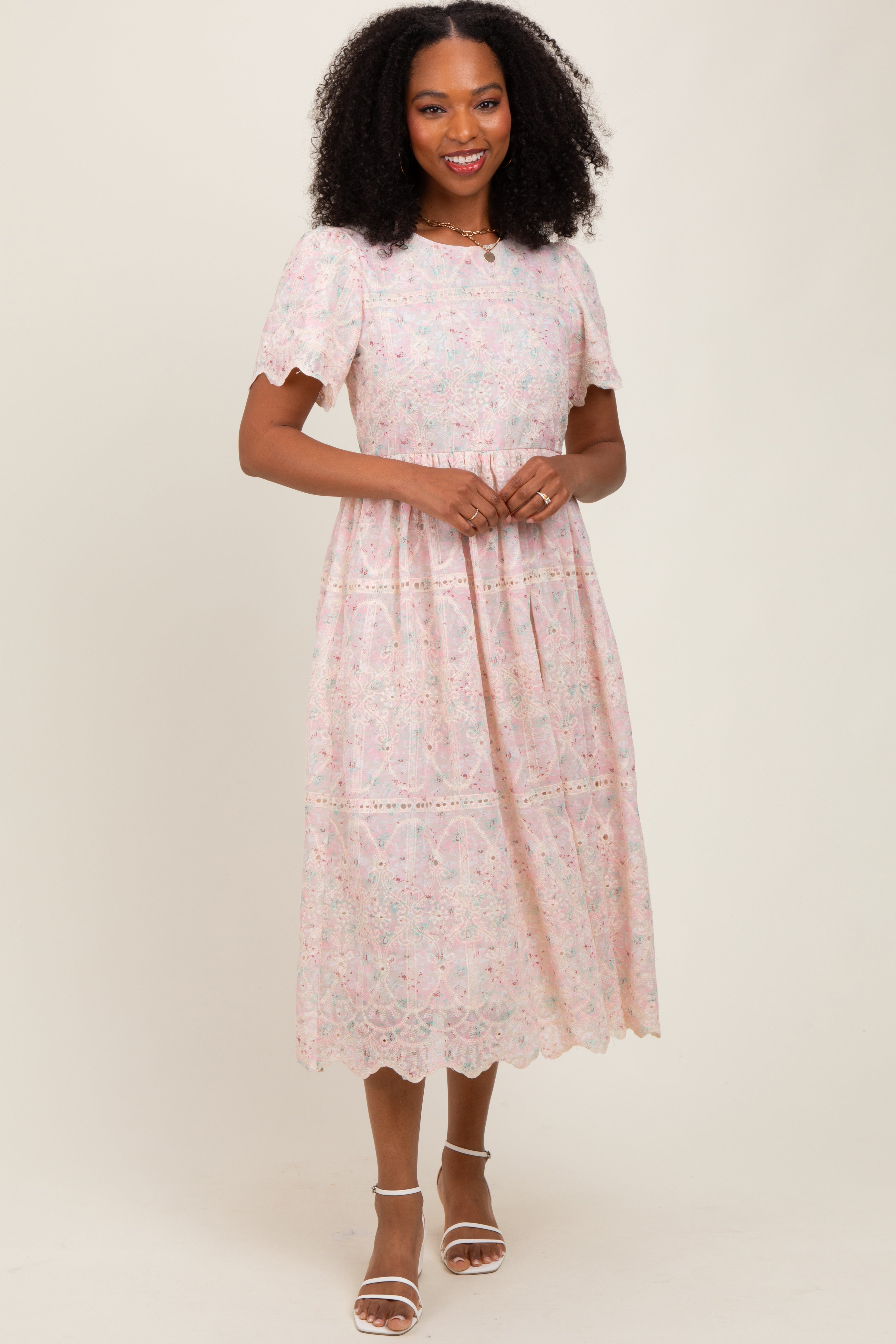 Light Pink Embroidered Chiffon Midi Dress  PinkBlush