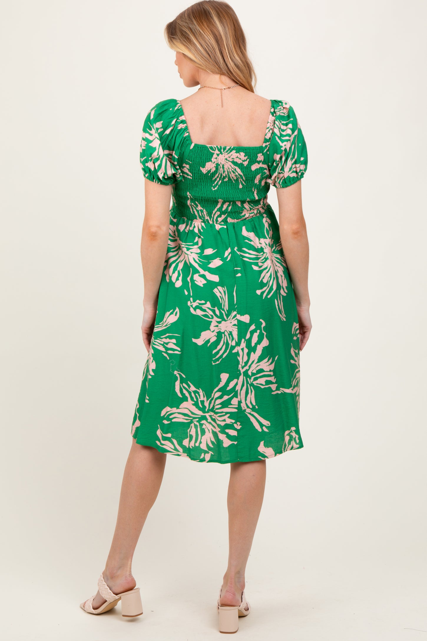 Green Floral Square Neck Short Sleeve Maternity Dress