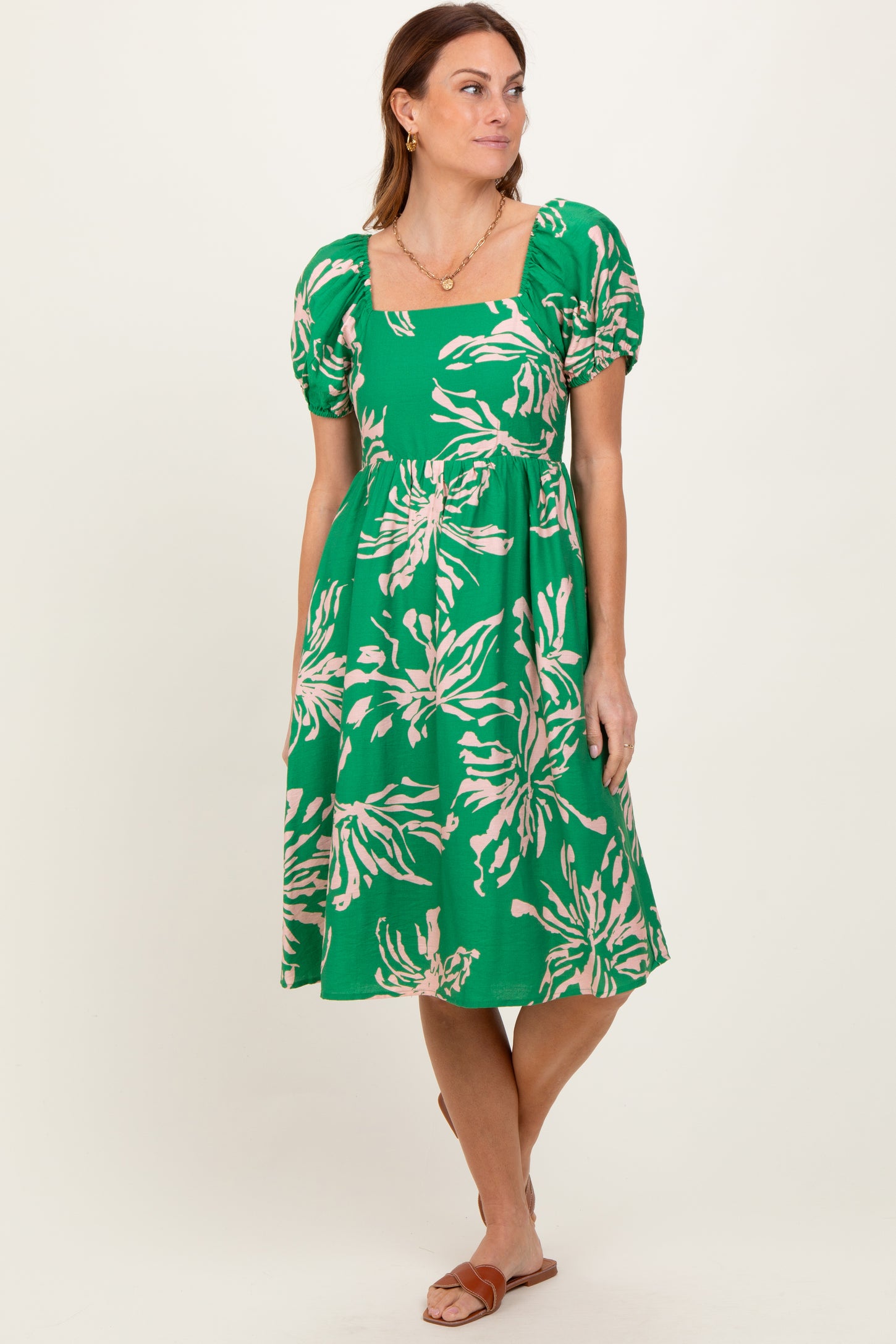 green floral square neck dress Green Floral Square Neck Short Sleeve Dress PinkBlush