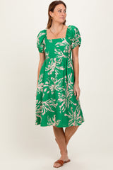 Green Floral Square Neck Short Sleeve Dress