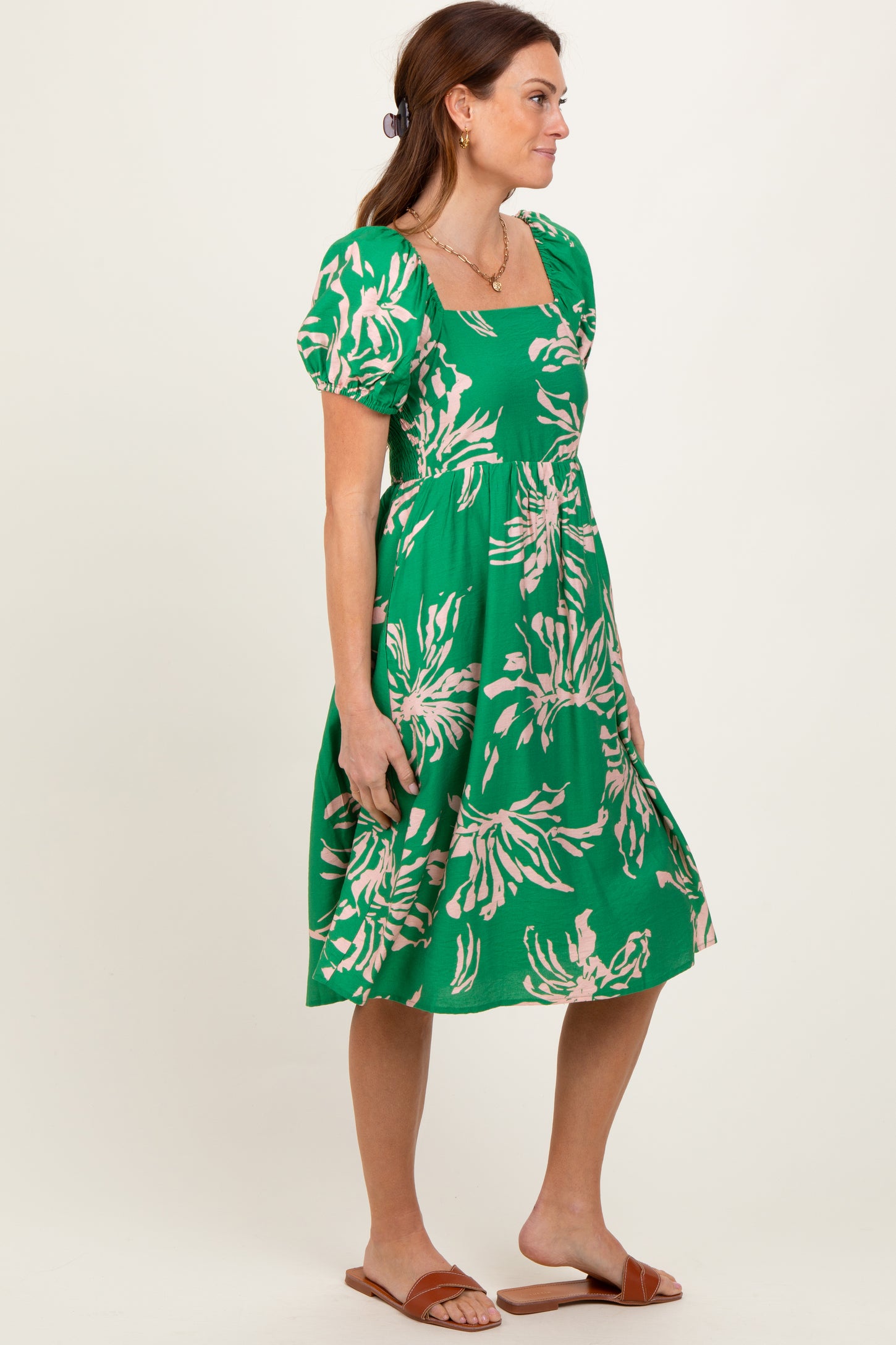 Green Floral Square Neck Short Sleeve Dress