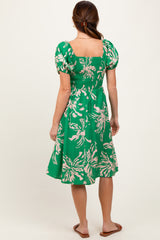Green Floral Square Neck Short Sleeve Dress