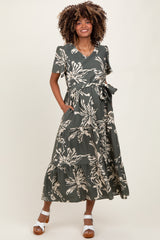 Olive Floral V-Neck Waist Tie Maternity Midi Dress
