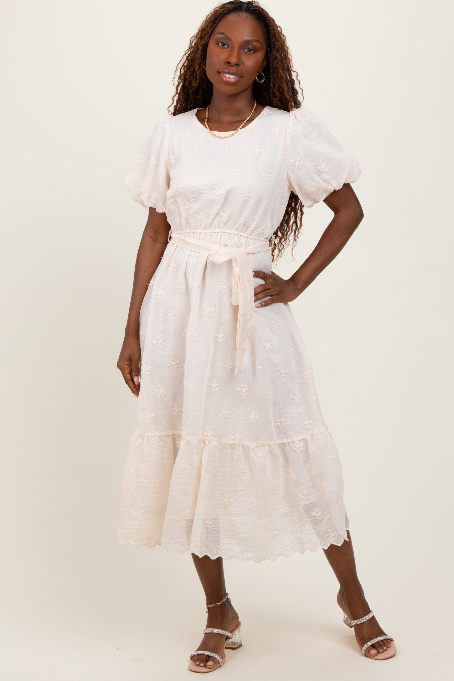 Ivory Embroidered Tied Waist Short Sleeve Midi Dress