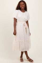 Ivory Embroidered Tied Waist Short Sleeve Midi Dress