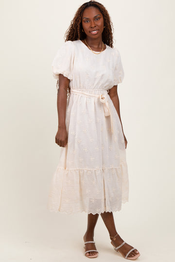 Ivory Embroidered Tied Waist Short Sleeve Midi Dress