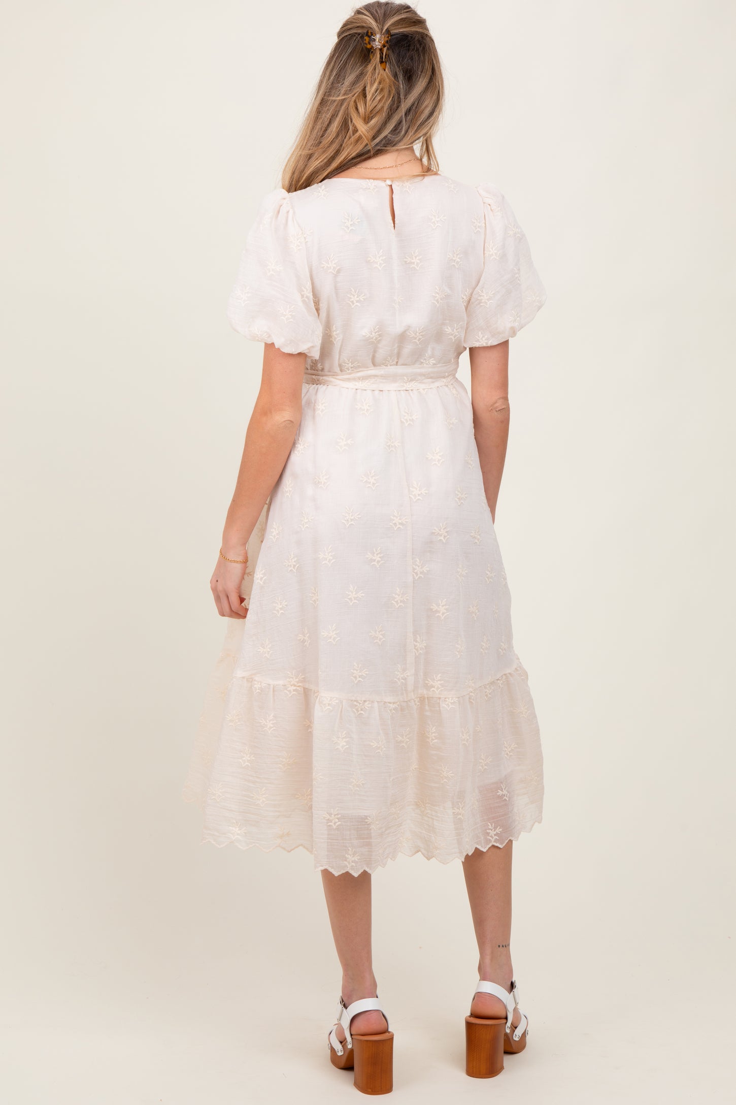 Ivory Embroidered Tied Waist Short Sleeve Maternity Midi Dress
