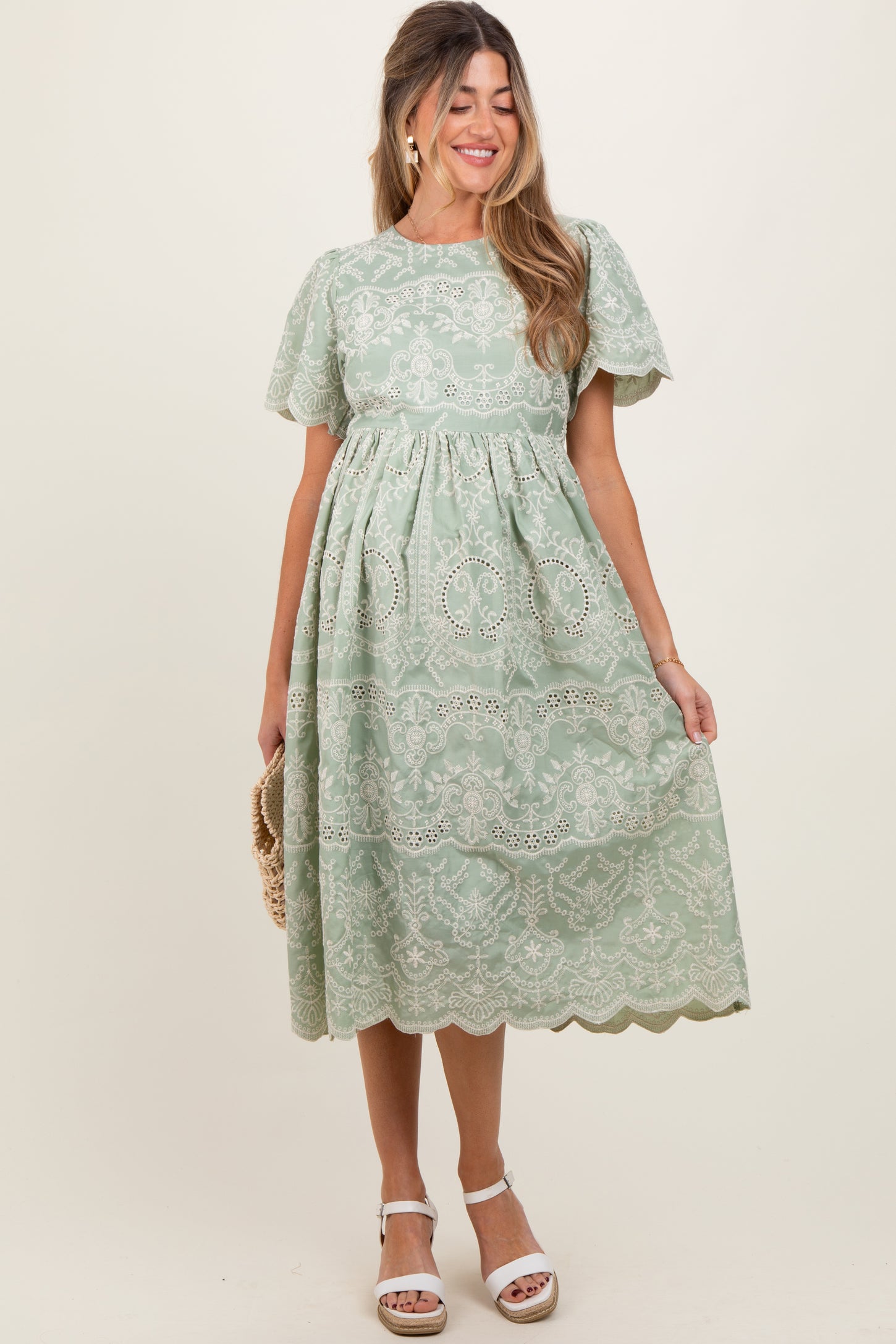 Light Olive Floral Embroidered Tied Waist Maternity Midi Dress