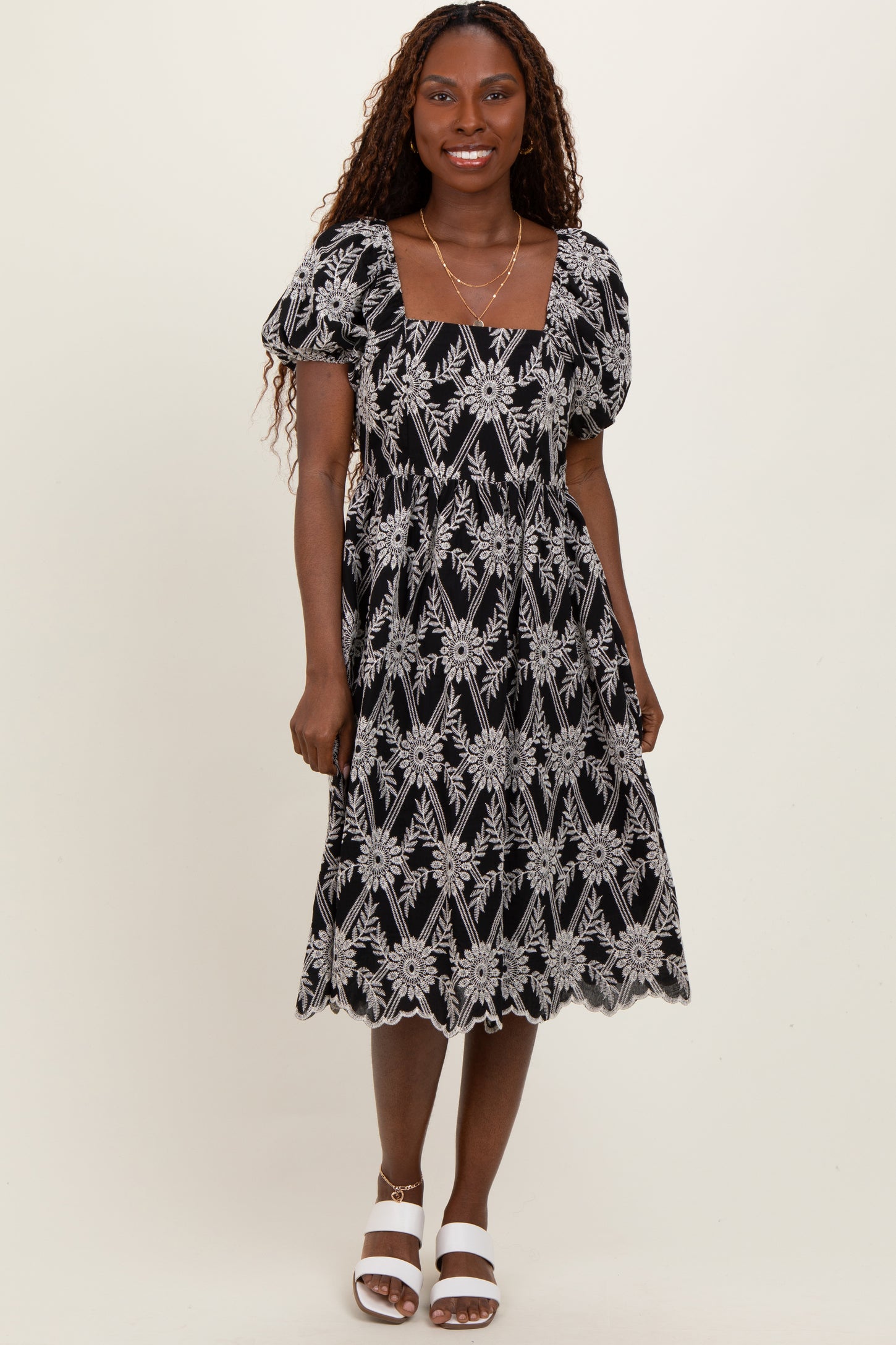 Black Floral Embroidered Square Neck Dress