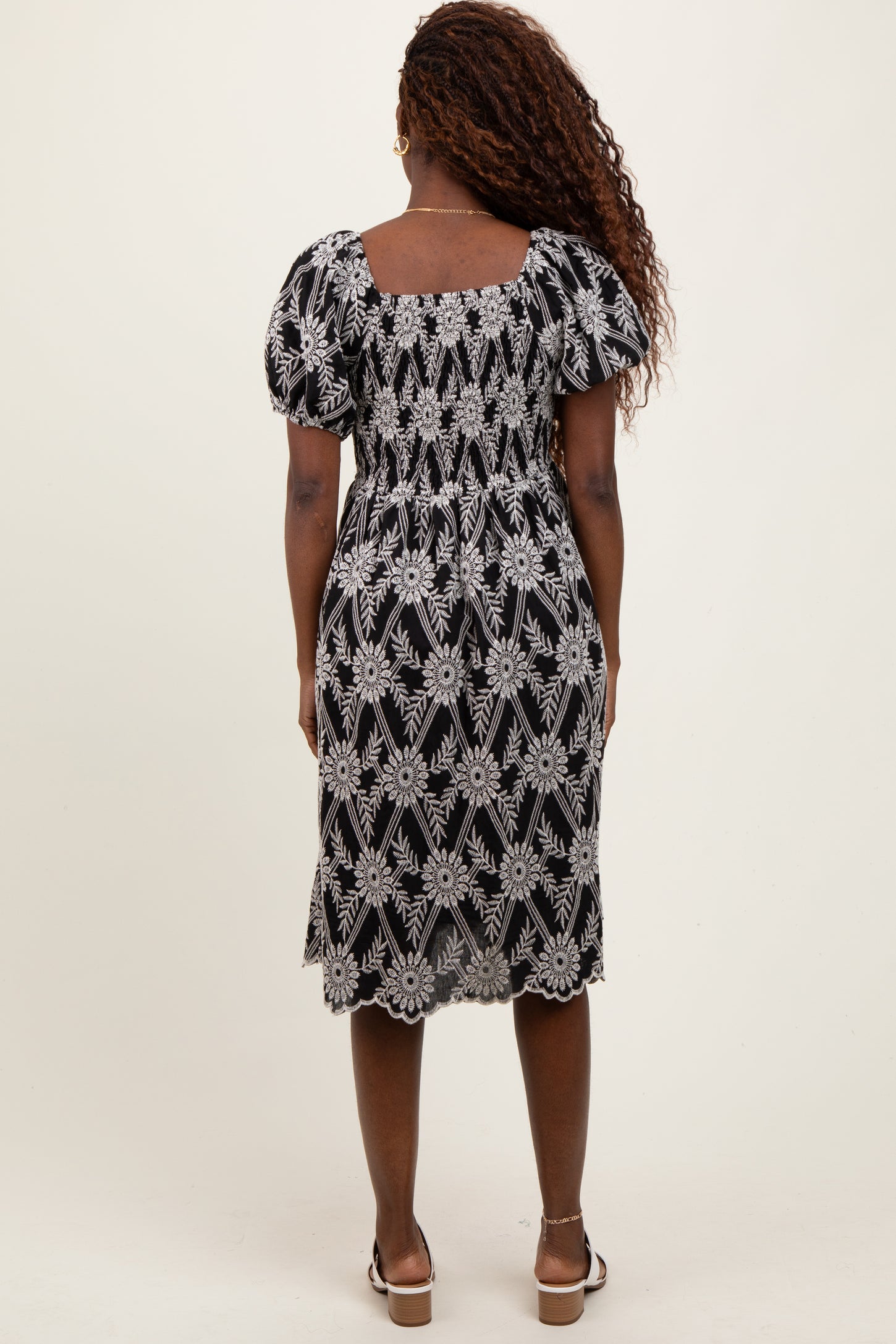 Black Floral Embroidered Square Neck Dress