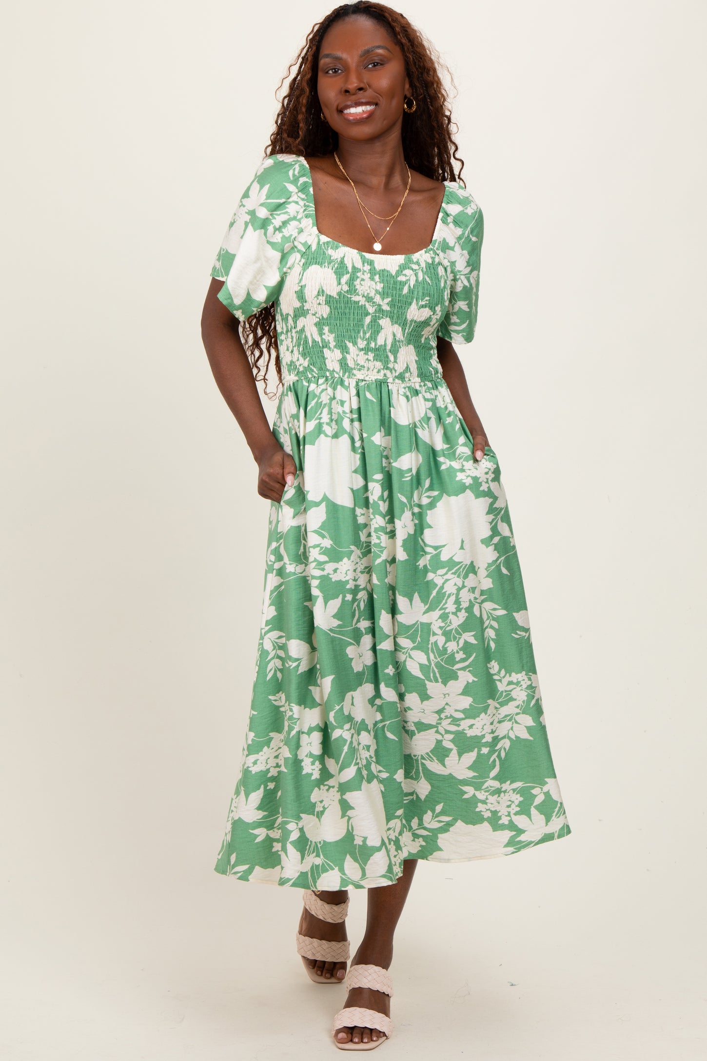 Green Floral Smocked Short Sleeve Midi Dress Green Floral Smocked Short Sleeve Midi Dress