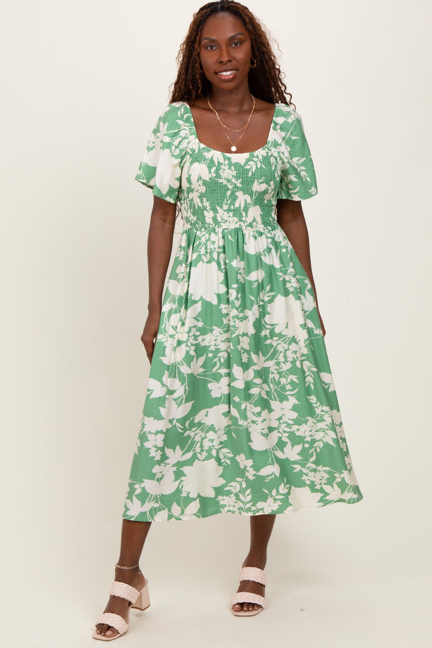 Green Floral Smocked Short Sleeve Maternity Midi Dress Green Floral Smocked Short Sleeve Maternity Midi Dress